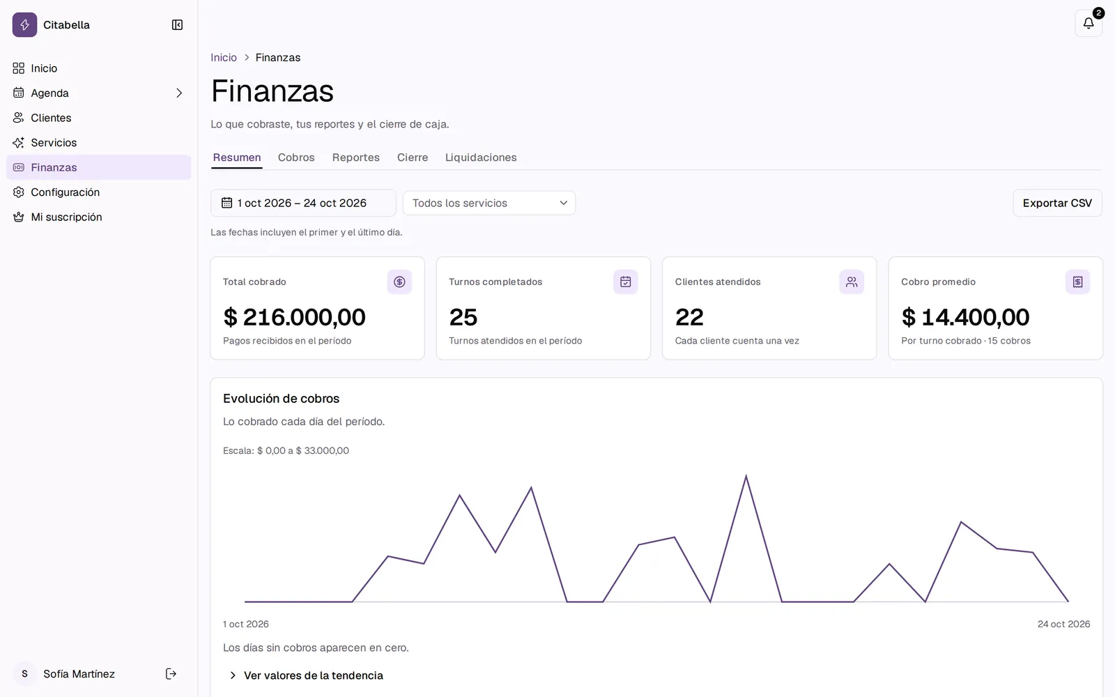Resumen de finanzas: total cobrado, turnos completados, clientas atendidas y evolución de los cobros del mes